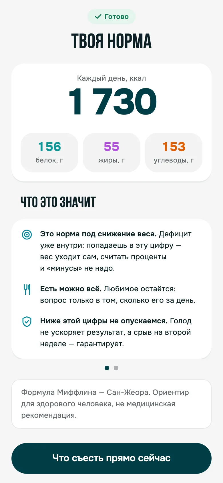 Готовая норма: 1 730 ккал, белки 156, жиры 55, углеводы 153